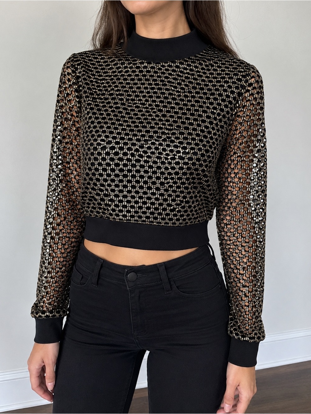 Hustler Metallic Mesh Crop Top Black Gold Long Sleeve Sheer Party Club No Size